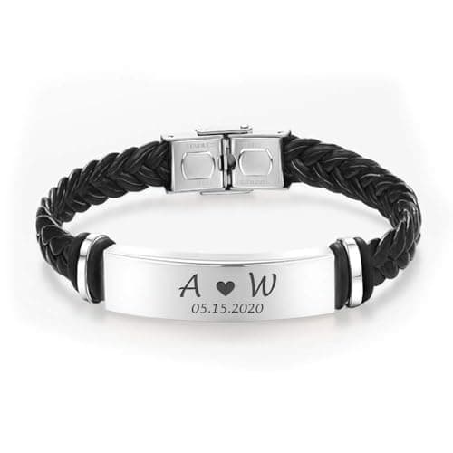 EDSG Mens Bracelet Personalized Custom Bracelets for Men Leather Engraved Bracelet Gift for Boyfriend Husband Dad Bestman Gift for Valentines Day Christmas, Birthday, Wedding, Anniversary, Father's Day