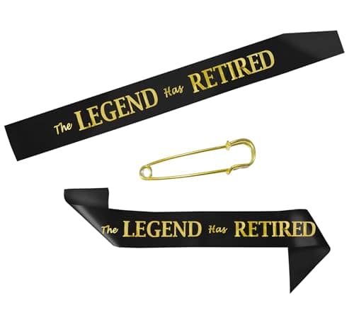 The Legend Has Retired Sash – Elegant Black and Gold Foil Legendary Sash for Both Women and Men & a Large Gold Safety Pin. Perfect for Retirement Parties