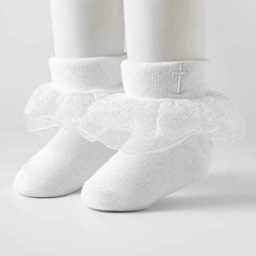 Baptism Socks for Baby Girls - White Newborn Christening Socks With Cross & Eyelet Frilly Lace