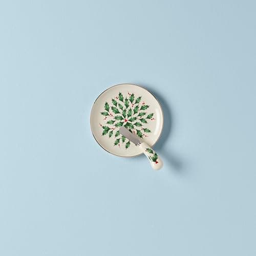 Lenox Serveware, Hosting The Holidays Cheese Plate & Knife Set, Service for 1, Ivory Porcelain, Dishwasher Safe, 6.75 Inch Diameter, Christmas Decorations, Christmas Decor (White/Green/Red, 2 Pieces)