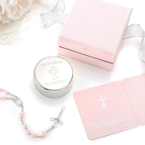 Baptism Gifts for Girl - My First Rosary with Silver-Plated Keepsake Box, Catholic Christening Gift Set, Pink Rosary for Kids, Baptism, First Communion & Baby Dedication Gifts for Girls from Godparent