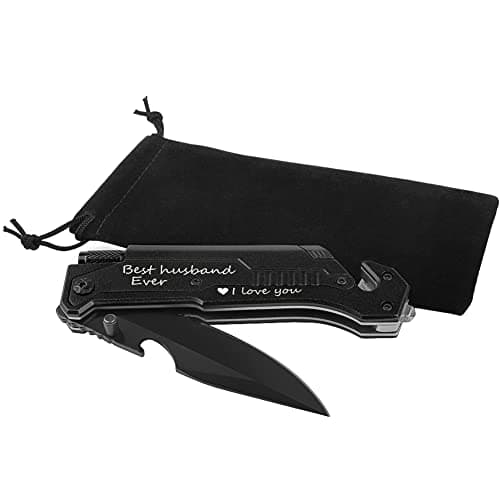 Engraved Pocket Knife, Best Husband Ever, Pocket Knife for Men with 6 Functions, LED Light, Fire Starter, Bottle Opener, Seat Belt Cutter, Glass Breaker, Birthday Anniversary Present for Men Husband