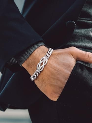 Bandmax Inifinity Love Knot Cuban Link Chain Bracelets for Men Stainless Steel/Black Mens Bracelet with Love Message Card Gift for Son Grandson Husband Father