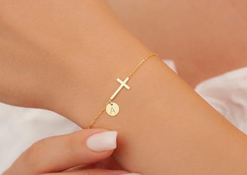 HiStock Sotcking Stuffers for Teens, Cross Bracelet for Women Dainty Cross Bracelet with Initials Link Chain Bracelets Christian Gifts for Women Teens Easter Baptism Religious Jewelry