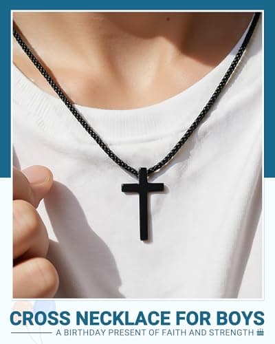Happy Birthday Gifts for Boys 8-18 Years Old, Black Cross Necklace with Bible Verse Joshua 1:9 for Son, Grandson, Nephew, Friend