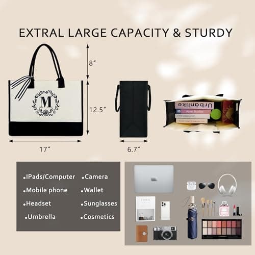 BeeGreen Embroidery Monogram Initial Tote Bag for Women Teacher Mom Friend Personalized Gift for Birthday Beach Wedding Work