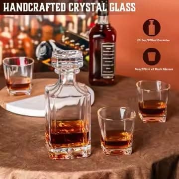 Premium Wood Gift Box w/Decanter Set - 2 Rock Glasses, Crystal Decanter, Bourbon, Whiskey, Gifts for Men, Dad, Father’s Day, Birthday, Weddings, Groomsman, Gift Ideas
