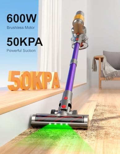 Cordless Vacuum Cleaner, 2 Batteries 120 Mins Runtime, 600W 50KPA Stick Vacuum with Self-Standing, Tangle-Free Brush, LED Display, Vacuum Cleaner for Home Hardwood Floor, Carpet, Pet Hair
