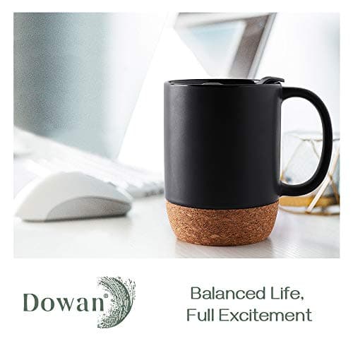 DOWAN Coffee Mugs, 15 oz Mug Set of 2, Large Ceramic Coffee Mug with Cork Bottom and Spill Proof Lid for Mom Dad, Big Mug for Latte Tea, Matte Grey