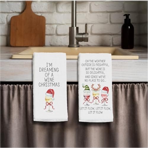 Funny Christmas Wine Kitchen Towels, Gifts for Wine Lovers Dish Tea Towels for Kitchen Bar Cart Decor, Winter Holiday Xmas Wines Decorative Hand Towel, 16x24 Inch Set of 2