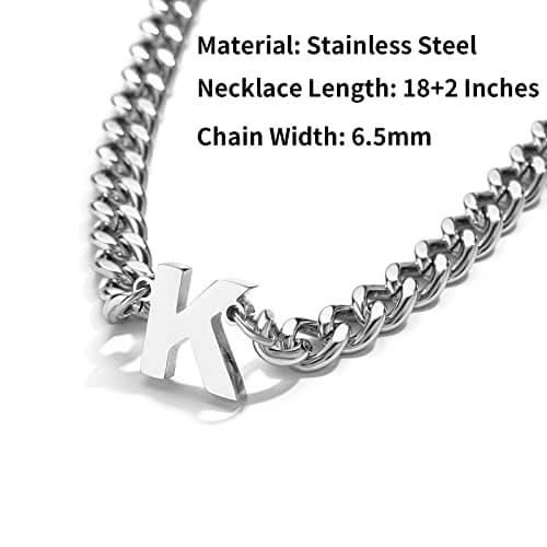 DuoDiner Initial A-Z Cuban Link Chain Necklaces for Men Boys Women Letter Pendant Stainless Steel 6.5mm 18+2 Inches,Jewelry Gifts