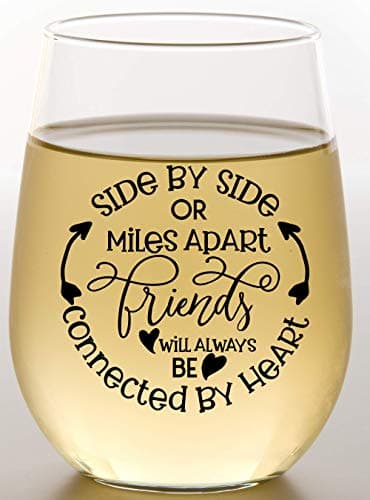 Side By Side Or Miles Apart Best Friend Wine Glass - 15 Oz, Scratch-Resistant Wine Glass - Birthday Gifts for Her, Stocking Stuffer, or Long Distance Friendship Gifts for Women - Printed in the USA