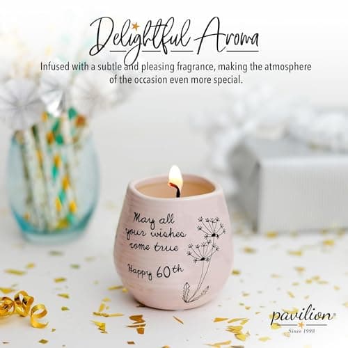 Pavilion - 8 Oz Candle Holder - Pink Ceramic Candle Jar with 100% Soy Wax Candle Serenity Scent "May all your wishes come true Happy 60th" Ideal Gift for Loved Ones - Printed Text, Love Theme & Oval