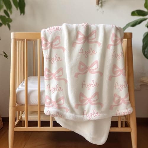 Personalized Baby Blanket with Bow – Custom Name Blanket for Newborn Girl, Soft Coral Fleece Blanket with Custom Bow & Text Color, Keepsake Nursery Blanket