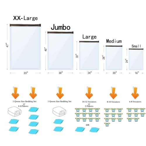 Vacuum Storage Bags Jumbo (12 x Jumbo),Plastic Packaging Bags,Space Saver Sealer Compression Bags for Blankets, Comforters, Pillows, Bedding,Clothes Storage