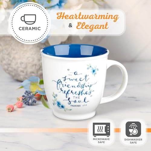 Christian Art Gifts Blue Floral Ceramic Coffee Mug – 14 oz. Microwave and Dishwasher-safe Inspirational Scripture Coffee and Tea Mug for Friends with Bible Verse: A Sweet Friendship – Proverbs 27:9