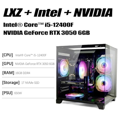LXZ Gaming PC Desktop, I5-12400F, 2.5GHz, GeForce RTX 3050 6GB, 16GB DDR4 RAM, 1TB NVME SSD, for Gaming and Work, Black