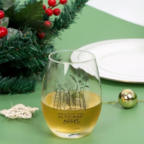 Jogskeor Book Lover Gift Stemless Wine Glass 15oz - There Is No Such Thing As Too Many Books Wine Glass for Book Lover, Birthday Christmas Gifts for Readers Bookworm Her Mom Him Dad Friend