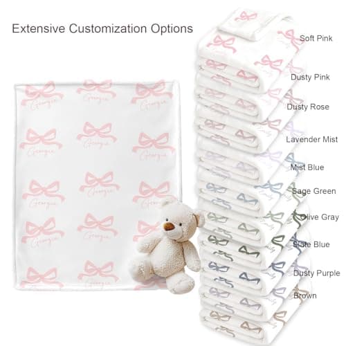 Personalized Baby Blanket with Bow – Custom Name Blanket for Newborn Girl, Soft Coral Fleece Blanket with Custom Bow & Text Color, Keepsake Nursery Blanket