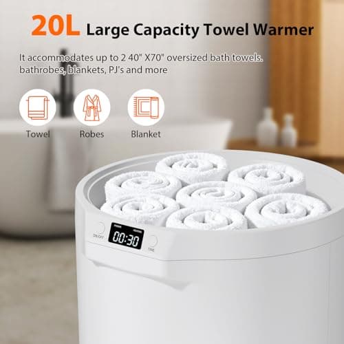 Towel Warmers for Bathroom, 20L Large Towel Warmer Bucket, Fits Up Two 40"X70" Oversized Towels, Bathrobes, Blankets, Towel Heater with LCD, 4 Timer Setting and Auto Shut Off(White)