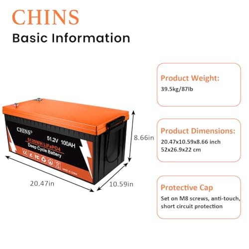 CHINS 48V Lithium Golf Cart Battery, 48 Volt 100Ah LiFePO4 Battery, Built-in Bluetooth 200A BMS, Includes 48V 18A Charger, Monitor, Perfect for Golf Carts