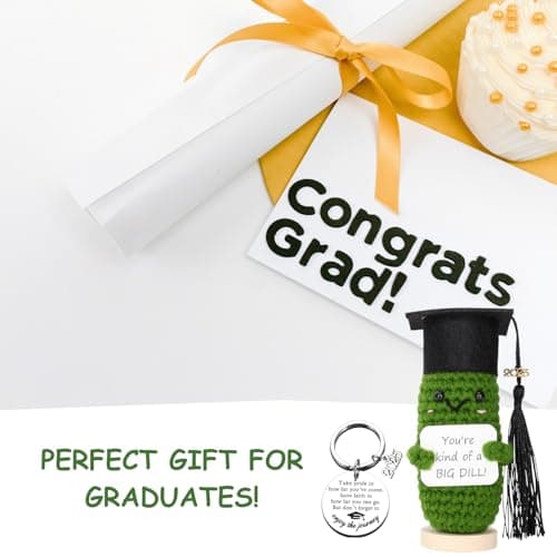 Graduation Gifts 2025 – Big Dill Crochet Pickle with Stand & Keychain | Handmade Grad Gift for High School, College, University, Nurses, PhD. Gifts for Her