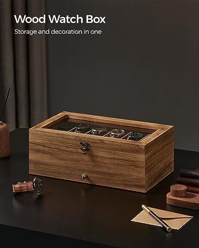 SONGMICS SONGMICS 12-Slot Watch Box, 2-Tier Watch Display Case with Large Glass Lid, Removable Watch Pillows, Velvet Lining, Jewelry Box, Gift Idea, Rustic Walnut UJOW012K01