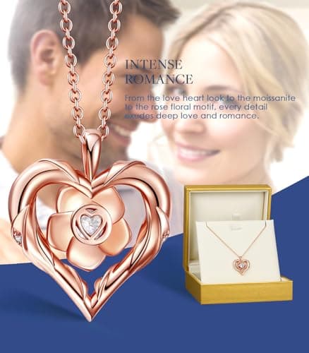 Rose Flower Heart Moissanite Necklaces for Wife, S925 Silver Pendant for Women, 18K Gold Plated Jewelry for Her Girlfriend Mom for Anniversary Birthday