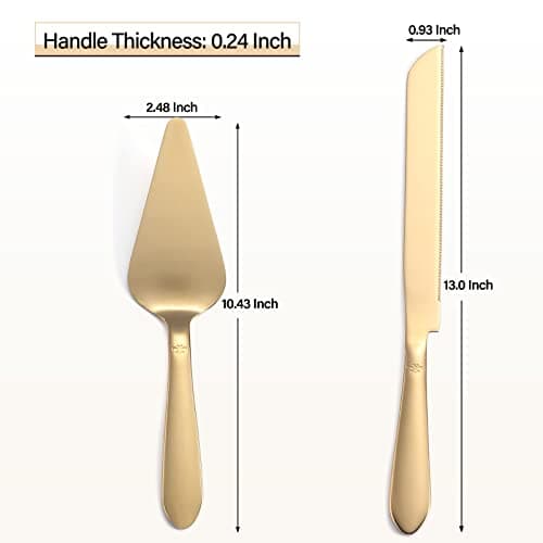 Cake Cutting Set for Wedding, Elegant Cake Knife and Server Set with Thickened Stainless Steel Rounded Edges, Cake Cutter Pie Spatula for Birthday Anniversary Christmas, 2 Pcs, Gold