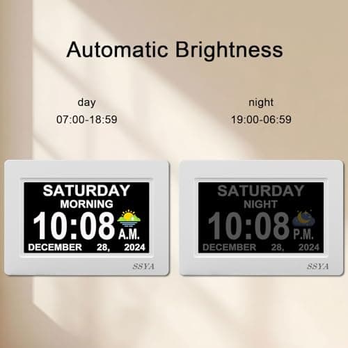 SSYA Digital Calendar Alarm Clock - Dementia Clocks for Seniors, Non-Abbreviated Memory Loss Clock with Date and Time for Elderly (White)
