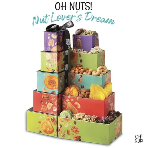 Oh! Nuts Dried Fruit and Nuts Gift Basket Tower with Black Ribbon Gift Basket, 5 Tier Gourmet Arrangement Platter, Healthy Kosher Snack Box for Birthday, Anniversary