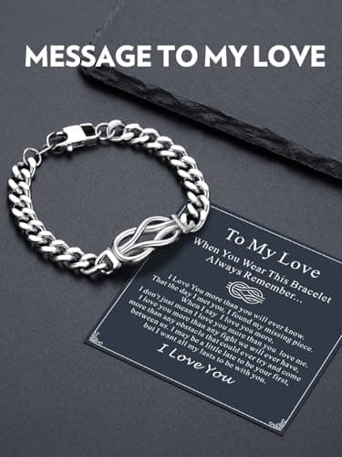 Bandmax Inifinity Love Knot Cuban Link Chain Bracelets for Men Stainless Steel/Black Mens Bracelet with Love Message Card Gift for Son Grandson Husband Father