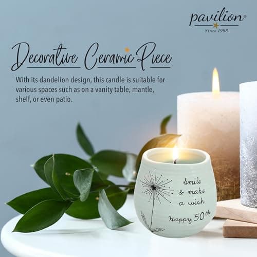 Pavilion Gift Company - 8 Oz Candle Holder - Green Ceramic Candle Jar with 100% Soy Wax Candle Serenity Scent "Smile And Make A Wish, Happy 50th" Ideal Gift for Loved Ones - Printed Text, Love Theme