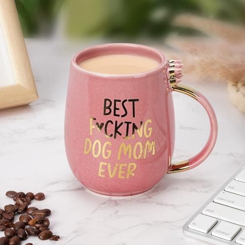 Hendson Dog Mom Gifts - Best Dog Mom Ever - Funny Birthday Gift For Dog Lovers Women - Gag Gifts for New Puppy Fur Baby Owners - Fur Mama Presents, Pitpull Pug - Coffee Cup, 13oz Pink Amethyst Series