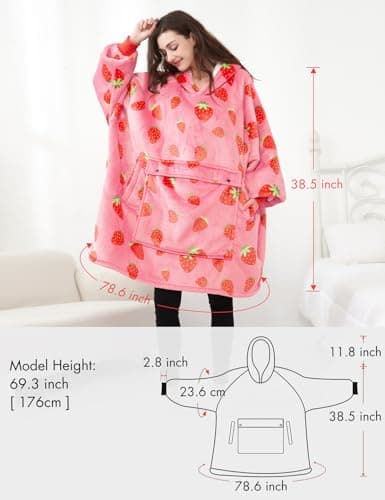 KFUBUO Wearable Blanket Hoodie for Adults Sherpa All Patterns Oversized Sweatshirt Blanket with Pockets Cute Birthday Gifts for Sister Strawberry