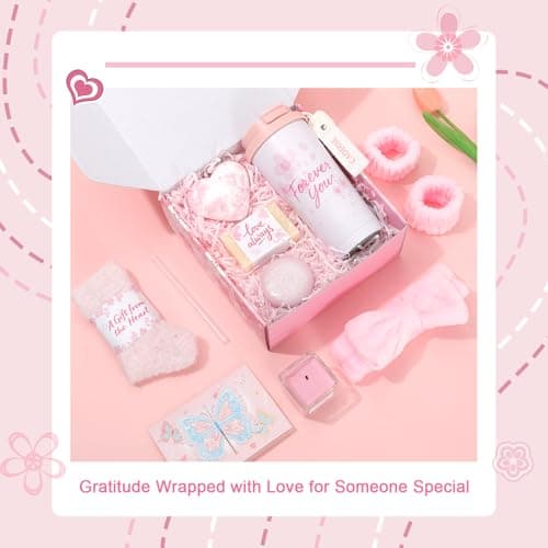 Birthday Gifts for Women - Cherry Blossom Spa Gift Box with Tumbler, Self Care Package for Mom Wife Sister Friend Grandma, Thank You Relaxation Basket for Mother’s Day Valentine’s Day Christmas (Pink)