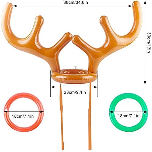 2PCS Christmas Party Toss Game Inflatable Reindeer Antler Hat with Rings for Kids Adults Family Xmas Fun Games(1 Pump，8 Rings, 2 Antlers)