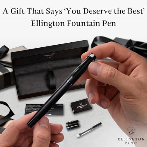 Ellington Pens Luxury Fountain Pen Set- Fountain Pens for Writing - Smooth Nib - Includes Refillable Ink Converter, 3 Ink Cartridges [Black & Blue] (Fine, The Stealth)