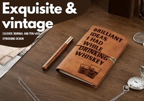 InnoBeta Whiskey gifts Leather Journal Notebook with Pen, for Whiskey Lovers, Men, Women on Birthday, Refillable Sketchbook, Travel Diary, Lined Planner, 7x5 Inches, Brown