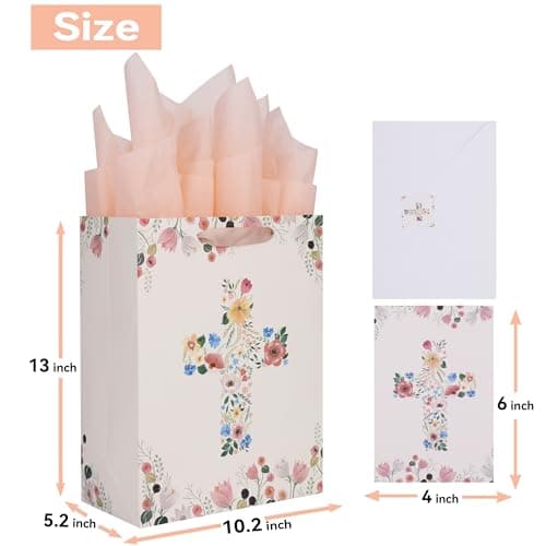 Qirrmiy 13" Large Light Yellow Floral Gift Bag Set with Greeting Card and Tissue Papers for First Communions, Baby Girl Baptisms, Christenings, Religious Occasions - 10.2'x5.2'x13', 1 Pcs.
