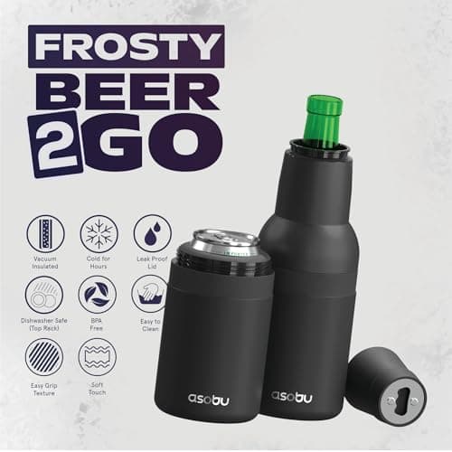 Asobu Frosty Beer Holder,2 Go Vacuum Insulated Double Walled Stainless Steel Beer Can and Bottle Cooler with Beer Opener, Bpa Free, Fits Standard 12oz, Ice Cold for Hours, Great Gift for Beer Lovers