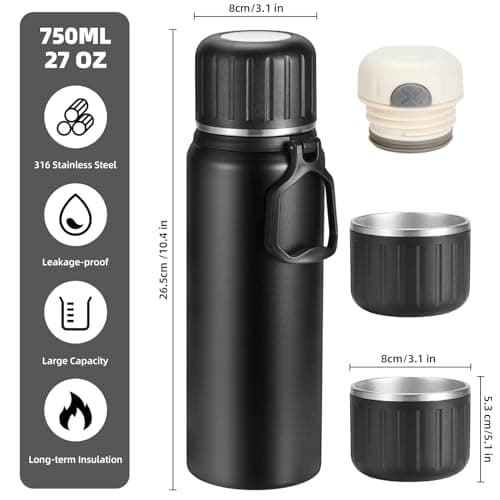 750ml/27 OZ Coffee Thermo with 3 cups, Insulated Water Bottle, Stainless Steel Vacuum Flask Set for Hot and Cold Drinks, Gifts Box