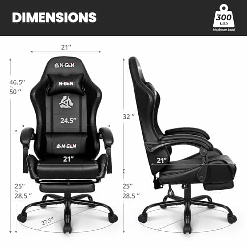 N-GEN GAMING Video Gaming Chair with Footrest Lumbar Support for Home Office High Back Recliner Height Adjustable Ergonomic Comfy Leather Computer Desk Chair (Black)