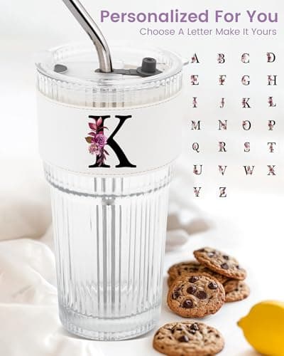 Initial Glass Cup with Lid Straw Ribbed Ice Tea Clear Tumbler Her Sister Coffee Matcha Latte Girlfriend Gf Aunt Best Friend Friendship Bestie Wife Cute Asthetic Unique Birthday Personalized Gift K