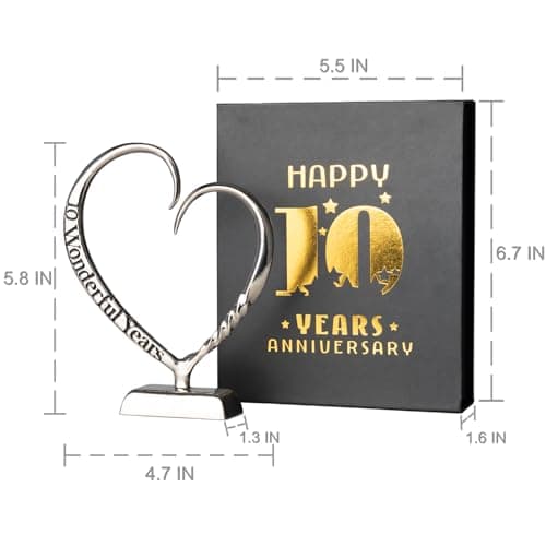10 Year Anniversary Tin Gifts for Her Him Gift 10th Wedding Anniversary for Couples Wife Husband Men, Hand Forged Tin Aluminum Heart Art Keepsake Home Decor Artwork