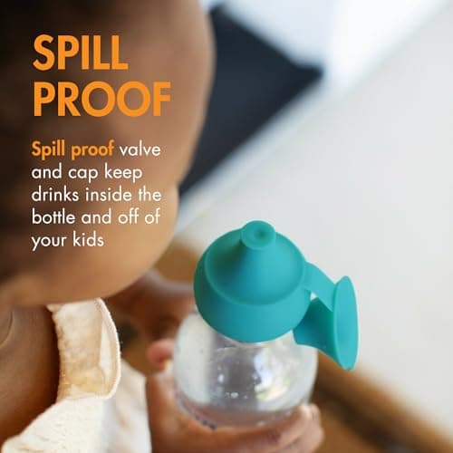 Boon Snug Sip Universal Water and Juice Silicone Bottle Toppers - Soft Spout Conversion Caps with Spill Proof Valves - Silicone Bottle Covers for Travel - Includes 4 Bottle Toppers and 4 Cases