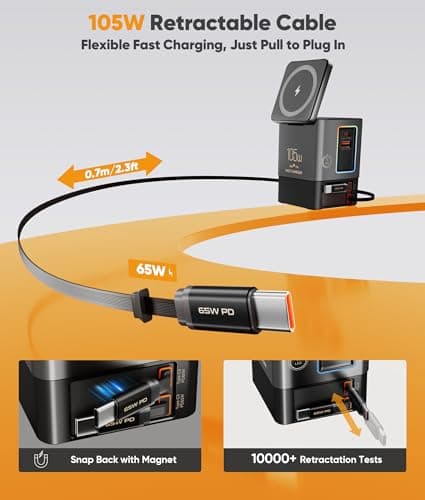 6-in-1 Charging Station,105W GaN Retractable Charger with Magnetic Pad – MagSafe Compatible, USB-C Fast Charging for iPhone, AirPods, MacBook, Apple Watch, and Other Phones, Tablets, Laptops