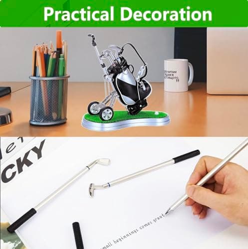 Golf Pen Holder with 3 Club Pens and Movable Golf Cart, Mini Golf Bag Desk Decor for Office, Funny Golf Gifts for Men, Dad, Boss - Stocking Stuffers for Golfers on Birthday, Christmas, Fathers Day