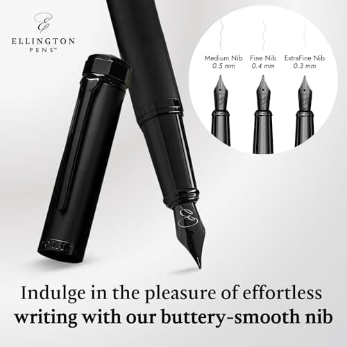 Ellington Pens Luxury Fountain Pen Set- Fountain Pens for Writing - Smooth Nib - Includes Refillable Ink Converter, 3 Ink Cartridges [Black & Blue] (Fine, The Stealth)