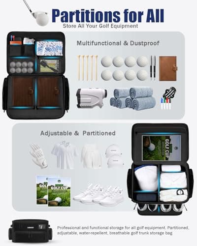 Golf Trunk Organizer, Waterproof Car Golf Locker with Separate Ventilated Compartment for 2 Pair Shoes, Golf Storage for Balls, Tees, Cap, Clothes, Gloves, Accessories, Gifts for Men, Women